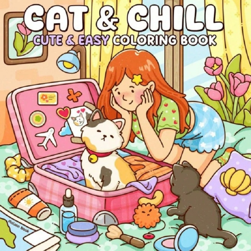 Adult Coloring Book Stress Relief - Gato e menina bonito livro de