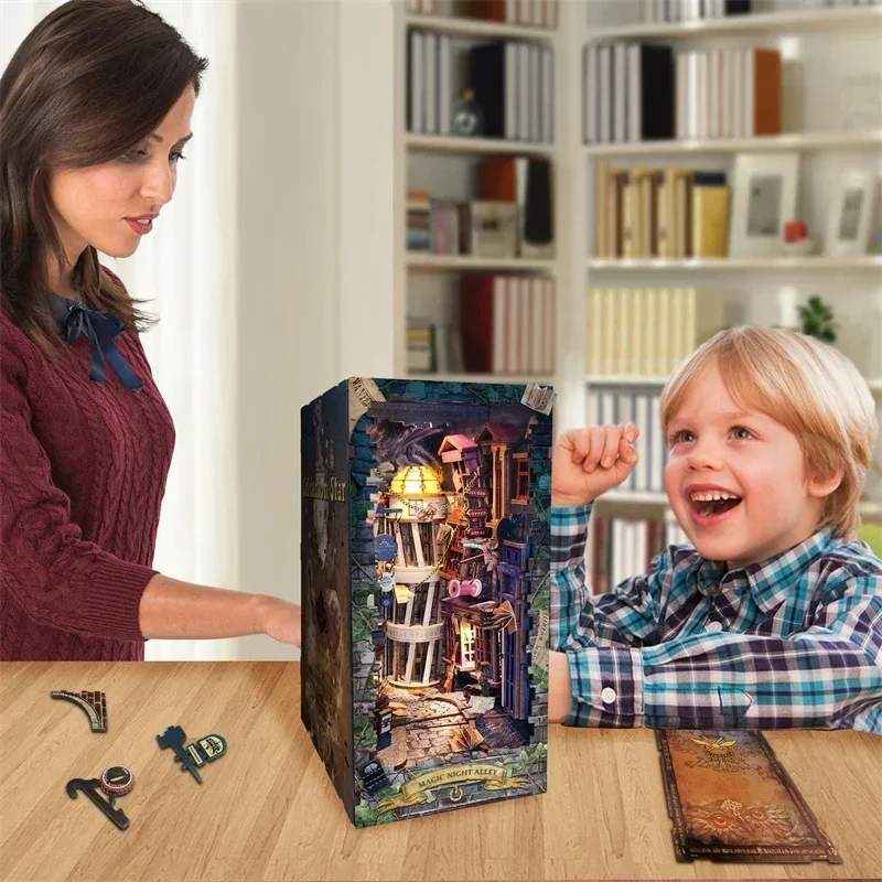 Retro diy magia noite alley li - Diy Wooden Book Nook Kit Shelf Insert avaliação e preço